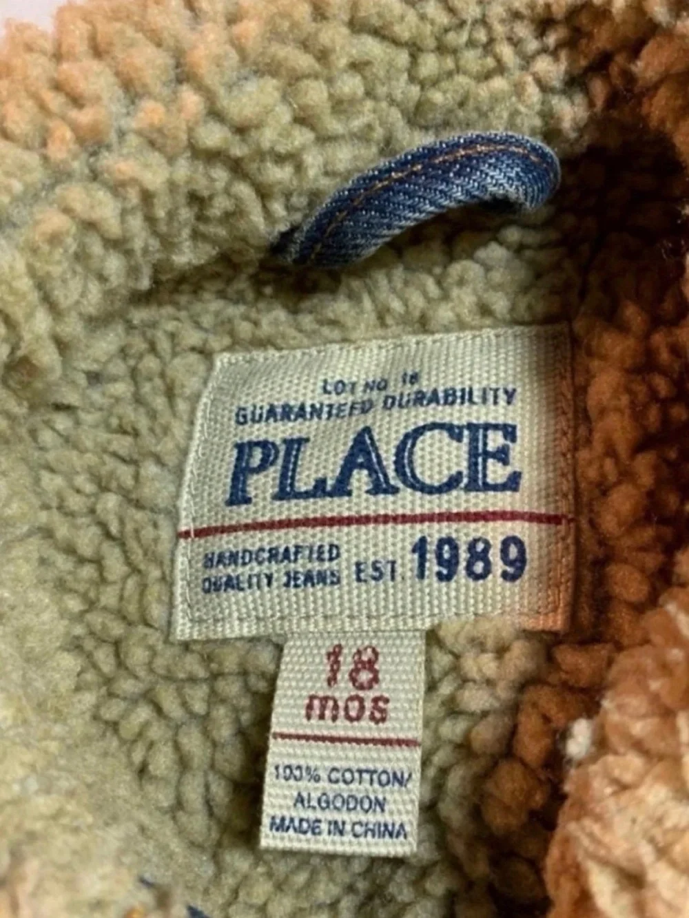 The Children's Place Dark Blue Denim Jacket with Cream Sherpa Collar